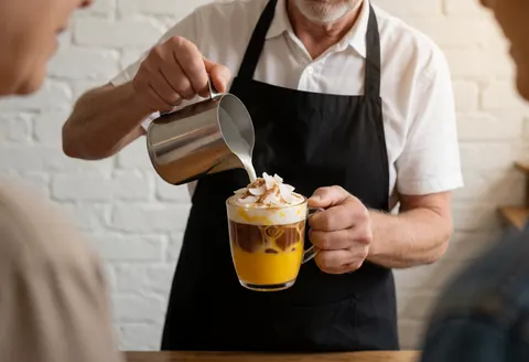 Un barista prépare et sert une boisson rafraîchissante à base de mangue et de coco dans un café moderne.