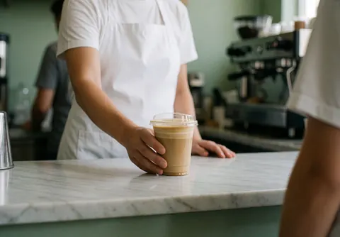 Un barista en tablier blanc verse du café dans un gobelet transparent avec couvercle sur un comptoir en marbre, fond flou et éclairage naturel.