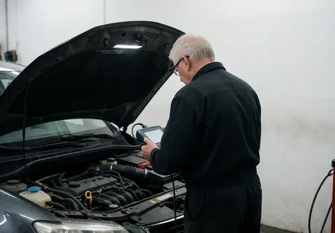 Un mécanicien âgé portant des lunettes et un uniforme sombre utilise un outil de diagnostic connecté à une voiture dans un atelier aux murs blancs avec le moteur visible.