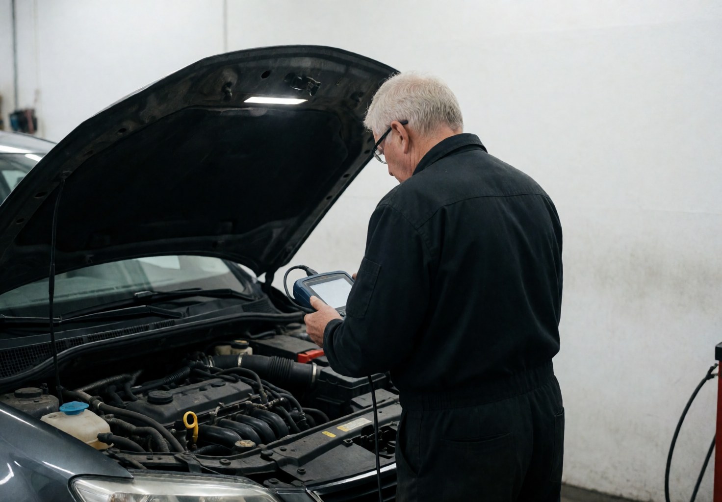 Un mécanicien âgé portant des lunettes et un uniforme sombre utilise un outil de diagnostic connecté à une voiture dans un atelier aux murs blancs avec le moteur visible.