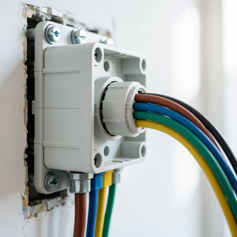 Boîtier électrique mural blanc avec câbles marron, bleu, vert et jaune sortant d'un joint scellé, adapté aux professionnels de l'électricité résidentielle.