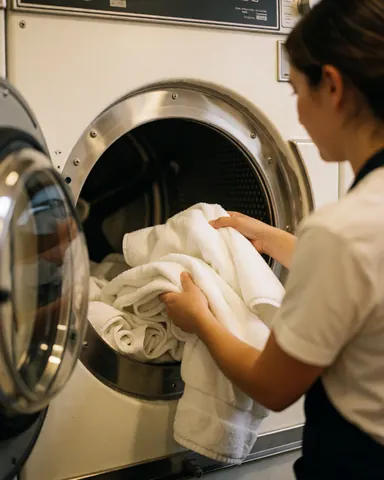 Une femme place des serviettes blanches propres dans un séchoir commercial à porte en acier inoxydable dans un environnement lumineux et propre.