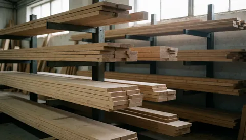 Piles de planches de chêne et de pin sur des étagères métalliques d'atelier avec lumière naturelle par des fenêtres hautes, fond flou idéal pour texte commercial.