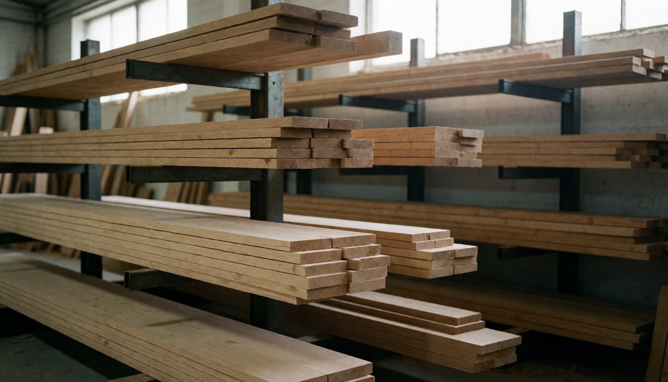 Piles de planches de chêne et de pin sur des étagères métalliques d'atelier avec lumière naturelle par des fenêtres hautes, fond flou idéal pour texte commercial.