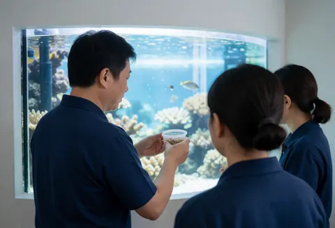 Trois individus en tenue de travail regardent un aquarium contenant des coraux et des poissons, l'un tenant un récipient d'alimentation.