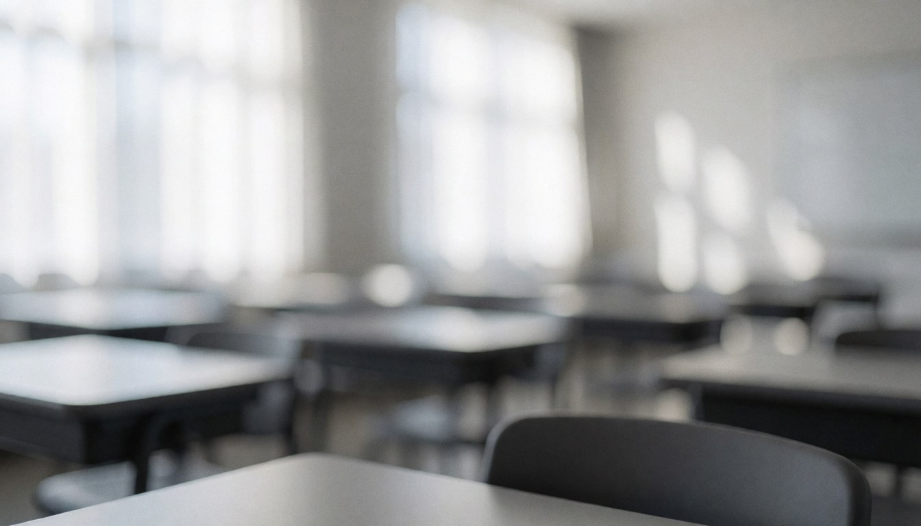Arrière-plan d'une salle de classe moderne et vide équipée de tables et de chaises, baignée d'une douce lumière naturelle, idéal pour des textes sur les cours de robotique.
