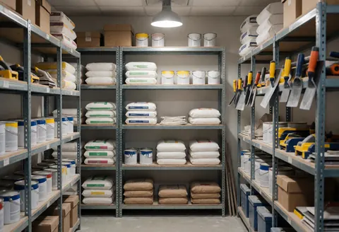 Vue d'un entrepôt professionnel contenant des sacs d'enduit, des pots de peinture et des outils accrochés sur des étagères métalliques sous un éclairage industriel.