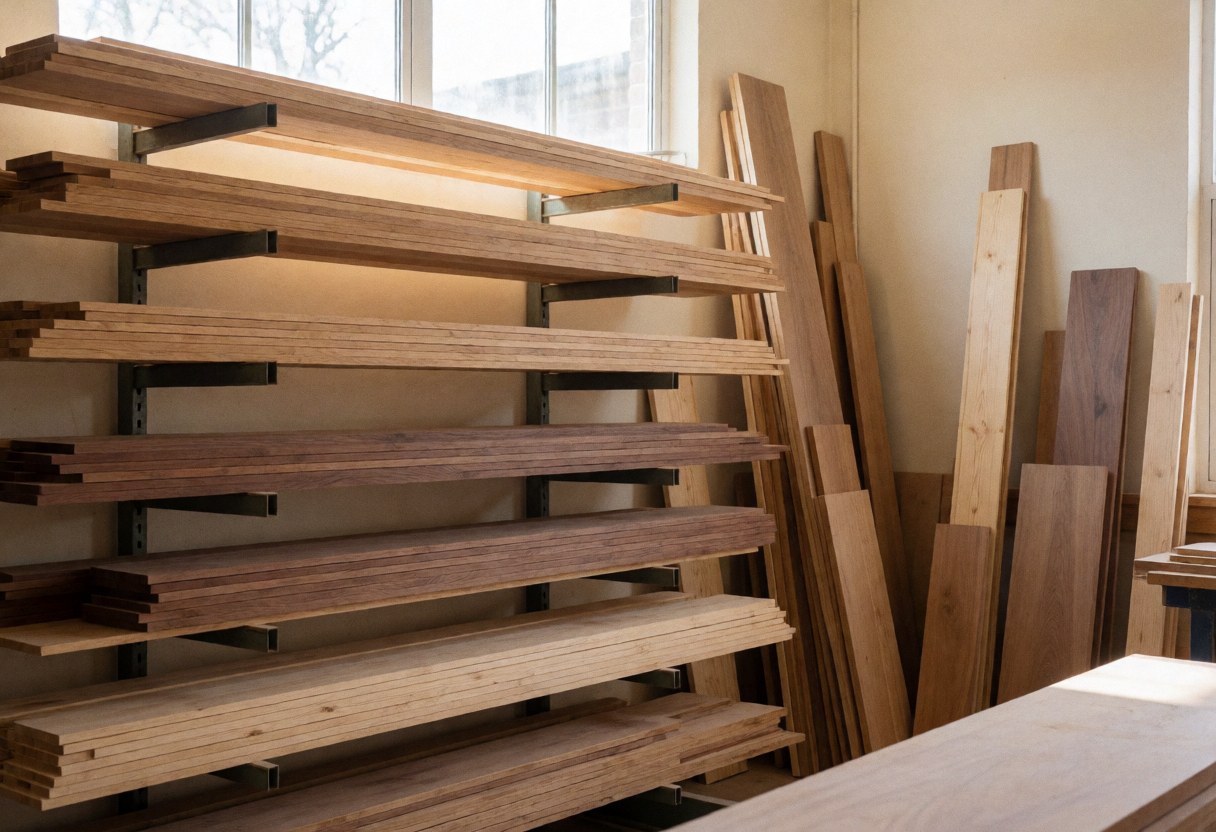 Atelier de menuiserie avec étagères métalliques remplies de planches de chêne, noyer et pin, éclairées par la lumière naturelle d'une fenêtre, murs beige, ambiance ordonnée et professionnelle.