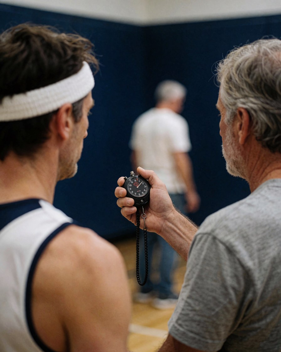 Un entraîneur de volleyball tient un chronomètre à la main tandis qu'un athlète avec un bandeau regarde dans une scène d'entraînement réaliste sur fond bleu foncé.