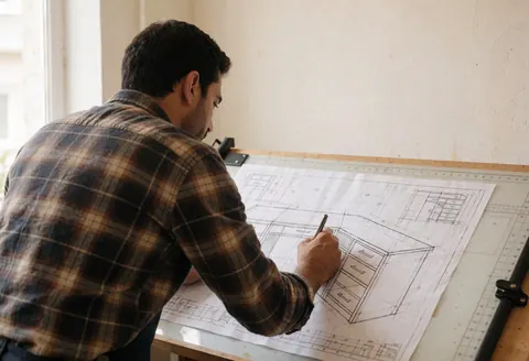 Un menuisier professionnel dessine un plan de meuble sur une table avec une règle et un crayon, éclairé par la lumière naturelle.