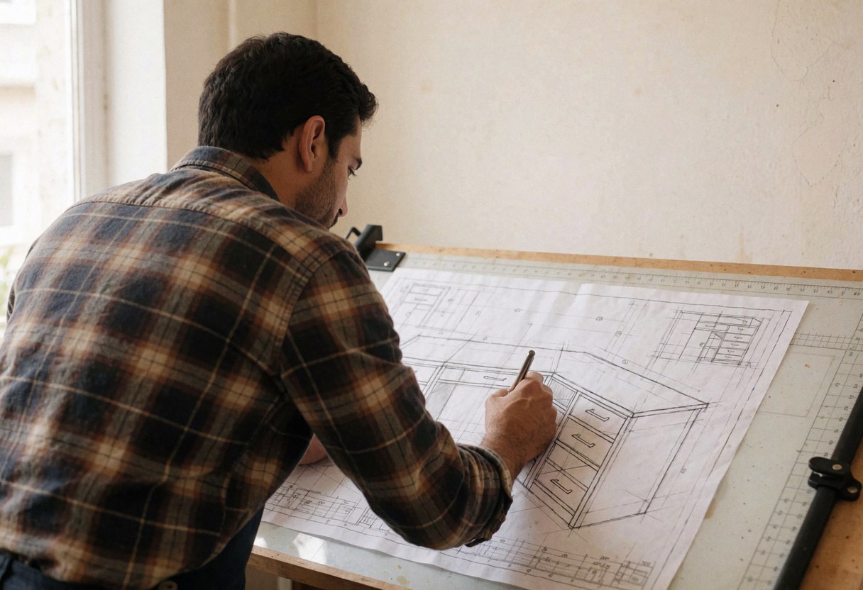 Un menuisier professionnel dessine un plan de meuble sur une table avec une règle et un crayon, éclairé par la lumière naturelle.