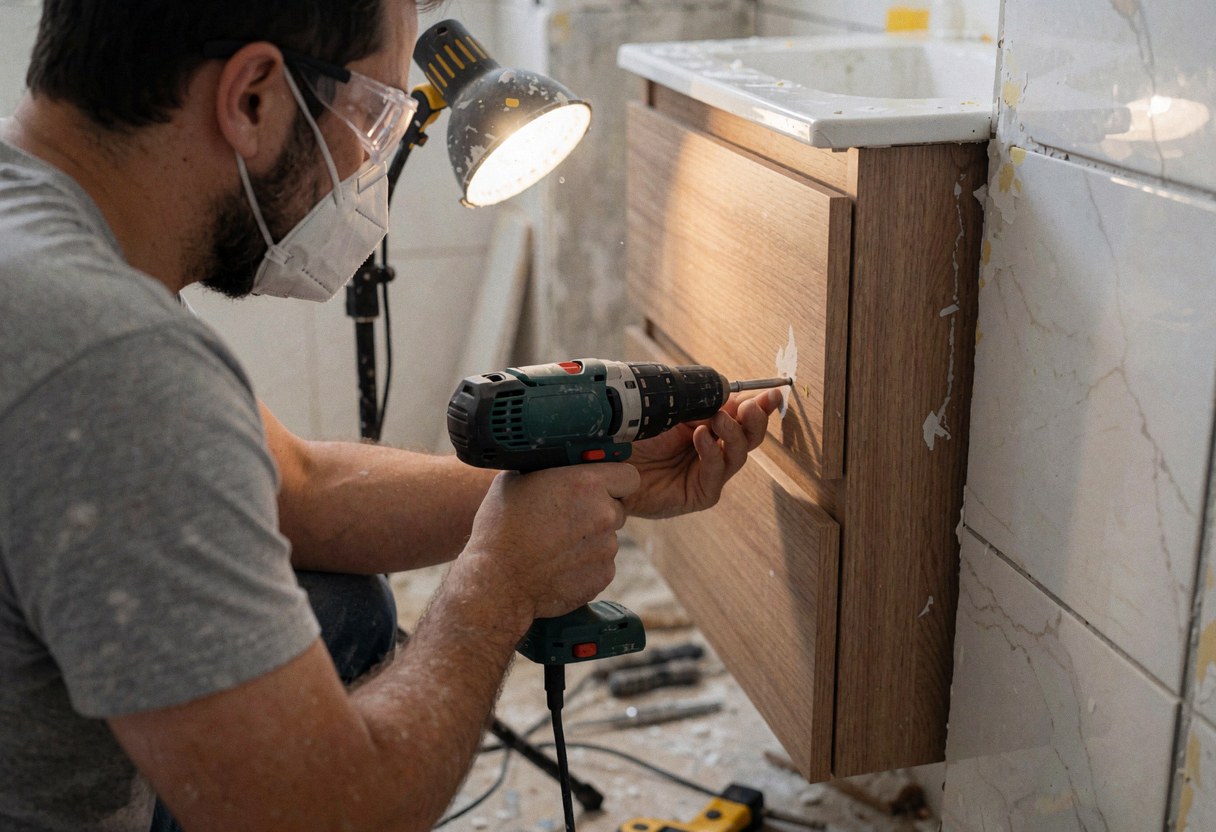 Un menuisier professionnel fixe un meuble en bois dans une salle de bain en rénovation, équipé d'une protection et d'un éclairage de travail.