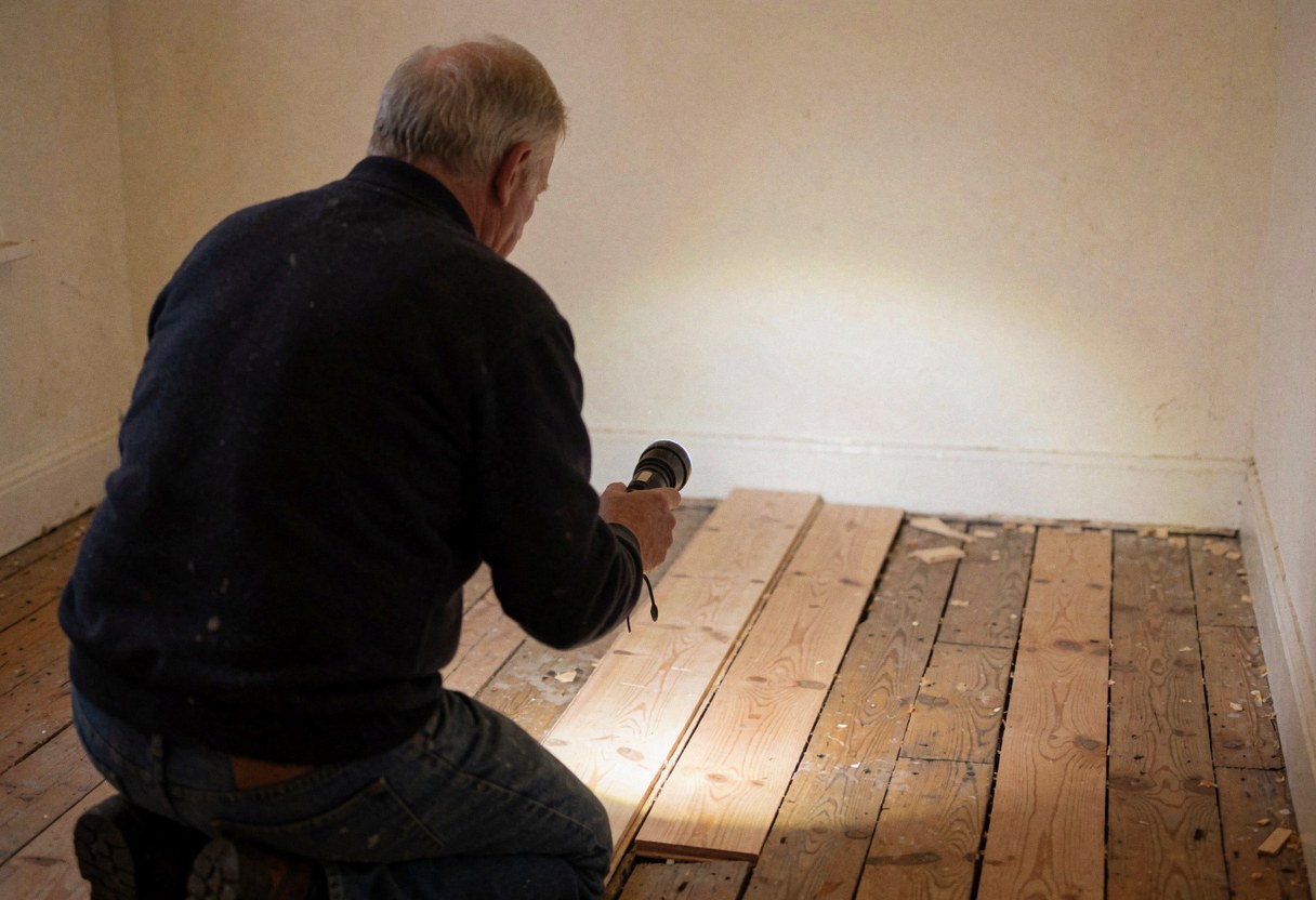 Un menuisier examine attentivement une nouvelle planche de bois posée au sol à l'aide d'une lampe, dans un environnement intérieur aux murs blancs.