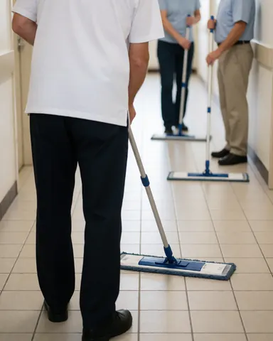 Trois professionnels du nettoyage avec des serpillères bleues nettoient un couloir à carreaux blancs, l'un face caméra, les deux autres flous en arrière-plan.