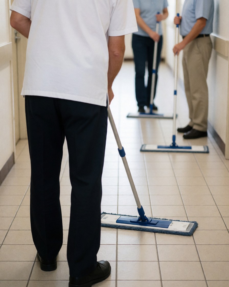 Trois professionnels du nettoyage avec des serpillères bleues nettoient un couloir à carreaux blancs, l'un face caméra, les deux autres flous en arrière-plan.