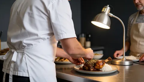 Chef dresse une cuisse de poulet rôti avec sauce mole sombre, graines de sésame et riz blanc sur une assiette en céramique sous une lampe chaude dans une cuisine sombre.