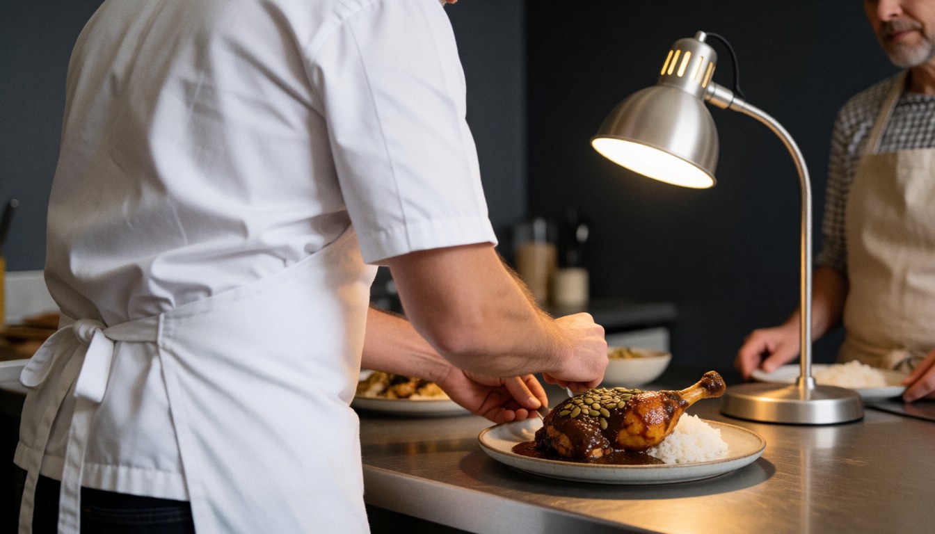 Chef dresse une cuisse de poulet rôti avec sauce mole sombre, graines de sésame et riz blanc sur une assiette en céramique sous une lampe chaude dans une cuisine sombre.