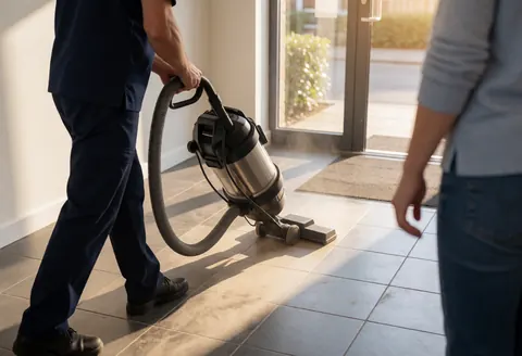 Un agent d'entretien utilise un aspirateur industriel sur un sol carrelé dans une entrée, avec une personne debout à proximité et de la lumière naturelle en arrière-plan.