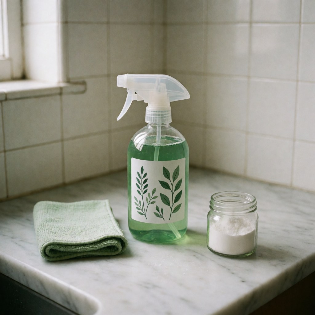 Vaporisateur de nettoyage écologique avec étiquette feuille, serviette verte et bol de bicarbonate sur plan de travail en marbre blanc.