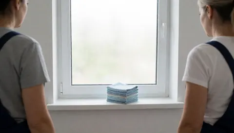 Deux professionnelles du nettoyage dos tournés observant une vitre impeccable, des chiffons en microfibre empilés sur le rebord, murs blancs et lumière naturelle.