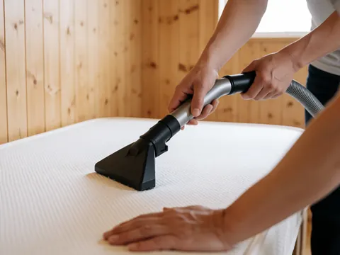 Nettoyage professionnel d'un matelas blanc avec un aspirateur, murs en bois clair, lumière naturelle et texture visible.