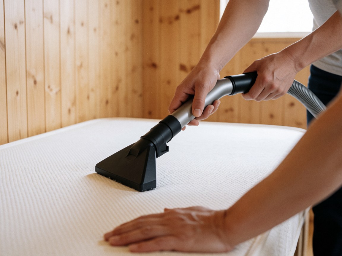Nettoyage professionnel d'un matelas blanc avec un aspirateur, murs en bois clair, lumière naturelle et texture visible.