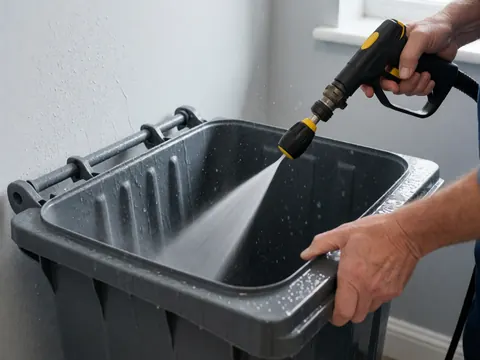 Jet d'eau nettoyant l'intérieur d'un récipient gris avec des gouttes en suspension et des mains tenant le contenant et l'outil de nettoyage