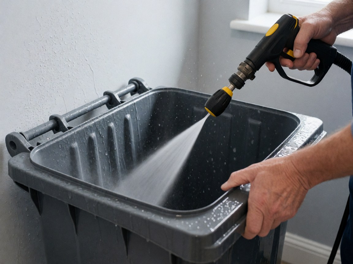 Jet d'eau nettoyant l'intérieur d'un récipient gris avec des gouttes en suspension et des mains tenant le contenant et l'outil de nettoyage