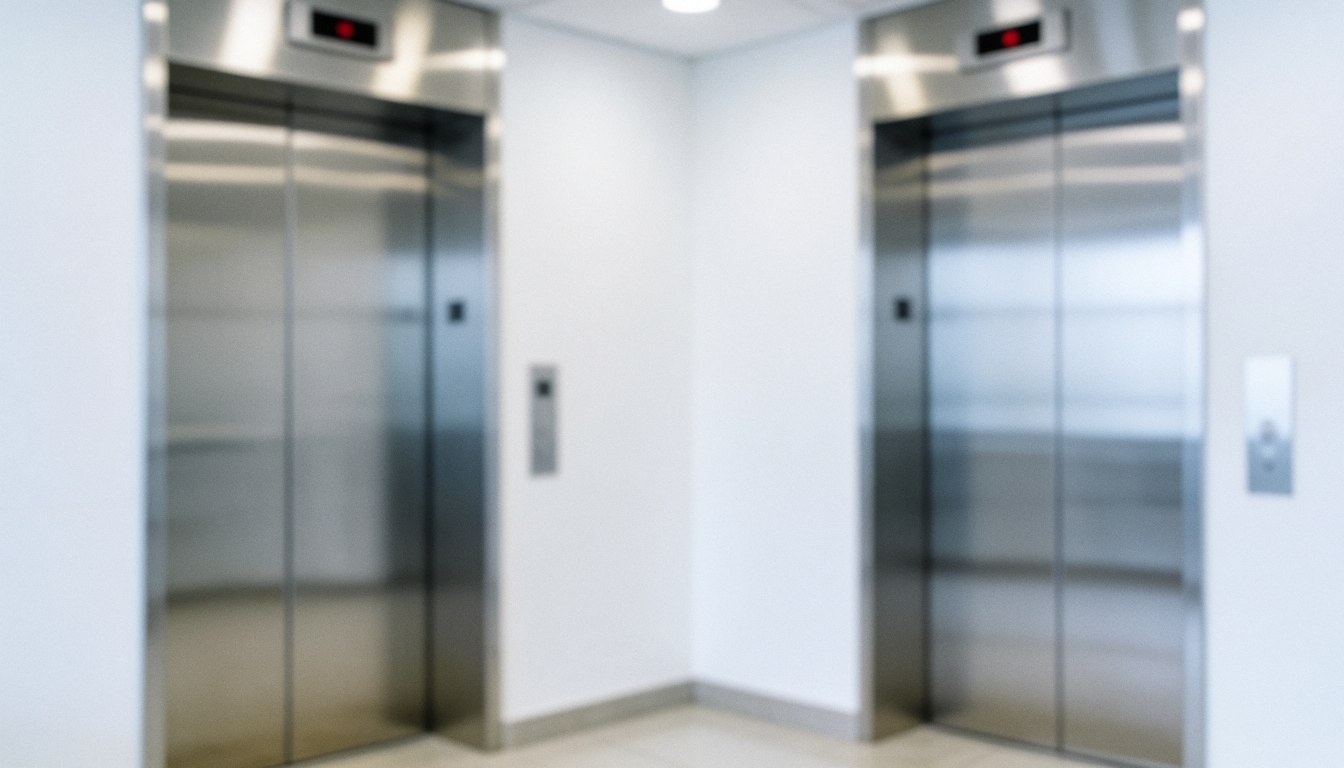 Fond professionnel de couloir de bureau avec deux ascenseurs en acier inoxydable, murs blancs et lumière uniforme, idéal pour textes commerciaux.