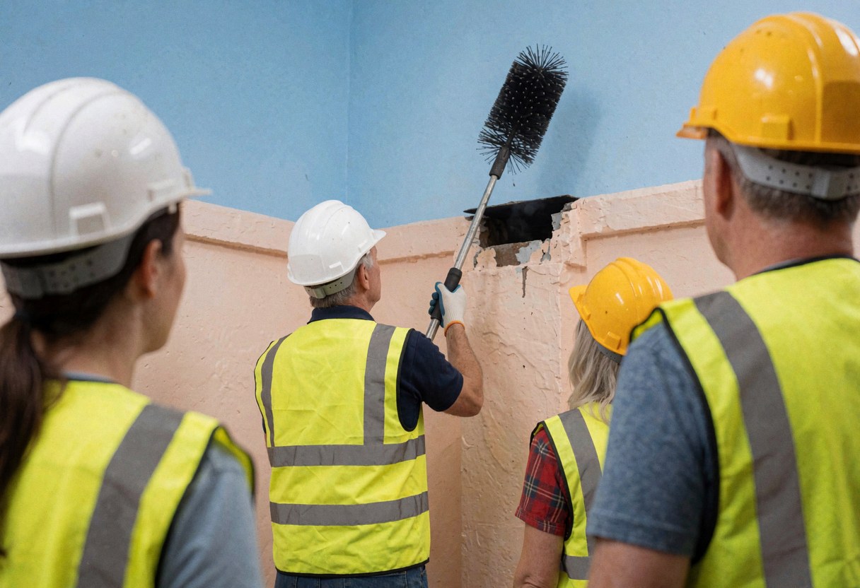 Un professionnel en casque et gilet de sécurité nettoie une cheminée avec une longue brosse tandis que d'autres travailleurs observent près des murs beige sous un ciel bleu clair.