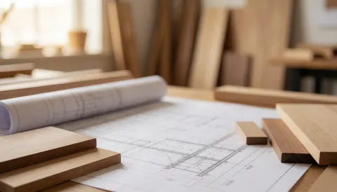 Fond de bureau de menuisier avec plans sur bois et échantillons de différentes teintes, éclairage chaleureux et professionnel, idéal pour textes.
