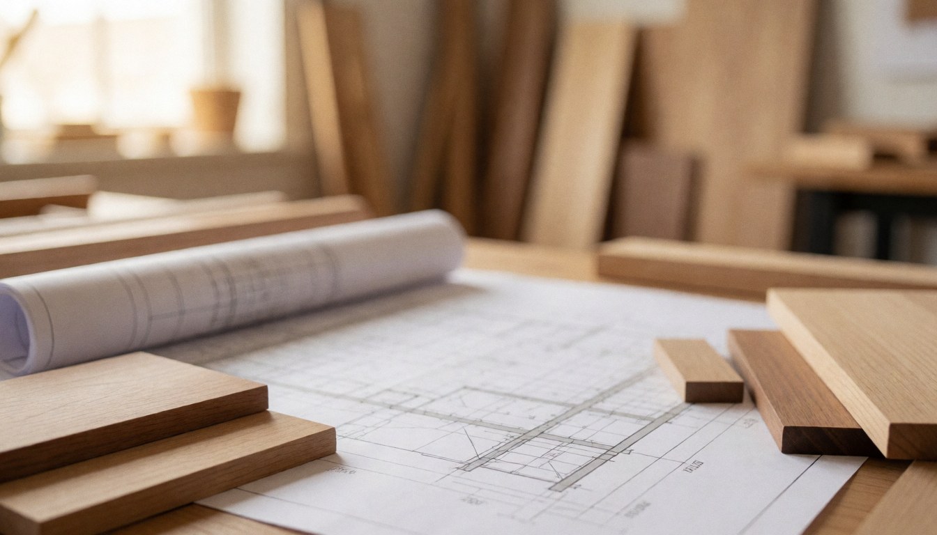 Fond de bureau de menuisier avec plans sur bois et échantillons de différentes teintes, éclairage chaleureux et professionnel, idéal pour textes.