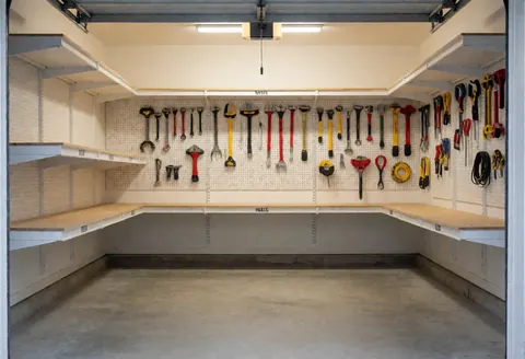 Garage professionnel avec outils organisés sur un mur à clous, étagères vides et sol en béton poli, éclairé par des lumières fluorescentes.