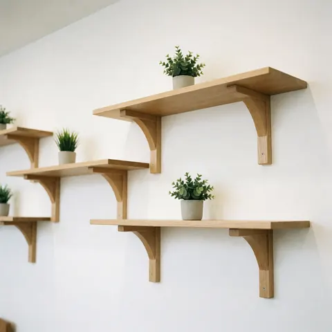 Des étagères en bois clair fixées sur un mur blanc, ornées de petites plantes en pots, apportant une touche naturelle et moderne à l'espace.