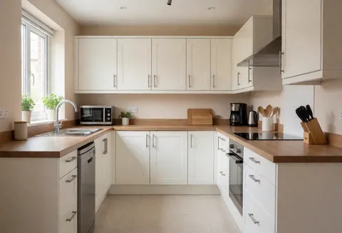 Cuisine propre et moderne avec armoires blanches, plan de travail en bois clair, appareils électroménagers et lumière naturelle par la fenêtre.