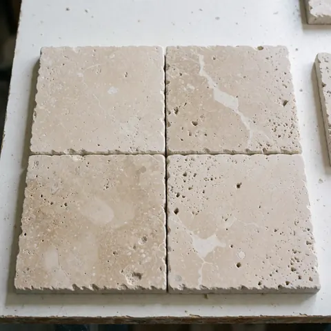 Quatre plaques de travertin naturel à texture poreuse et veines disposées sur une table blanche, idéal pour la construction ou le design d'intérieur.