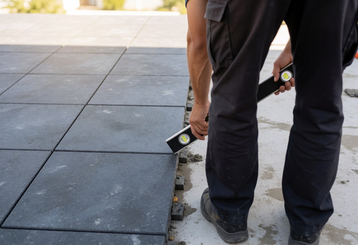 Un ouvrier ajuste des carreaux gris sur une terrasse en plein jour, assurant la précision de la pose.