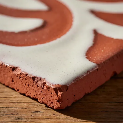 Carreau céramique en terre rouge avec émail blanc posé sur une table en bois rustique éclairée par la lumière naturelle.