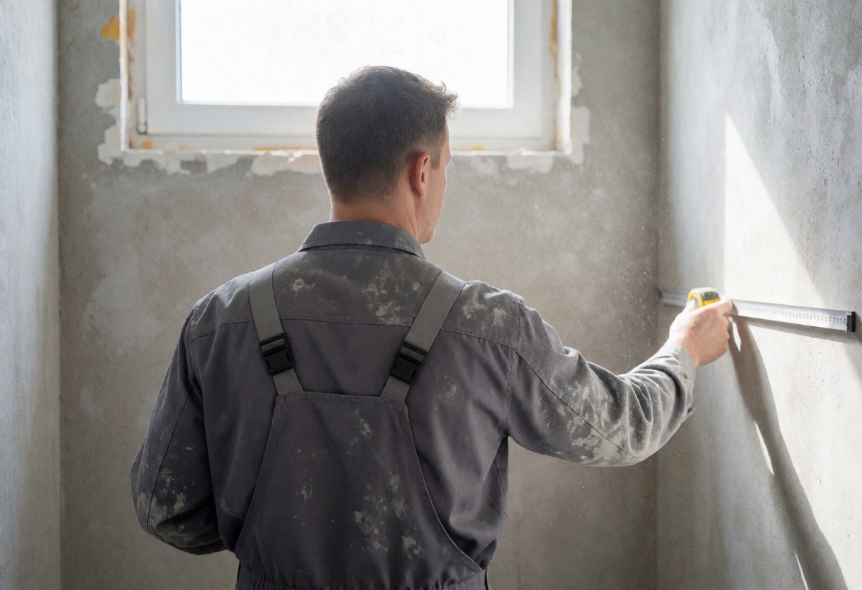 Un travailleur en uniforme gris taché mesure un mur en ciment avec un mètre jaune. La lumière naturelle entre par la fenêtre, créant une ambiance de rénovation avec de la poussière en suspension.