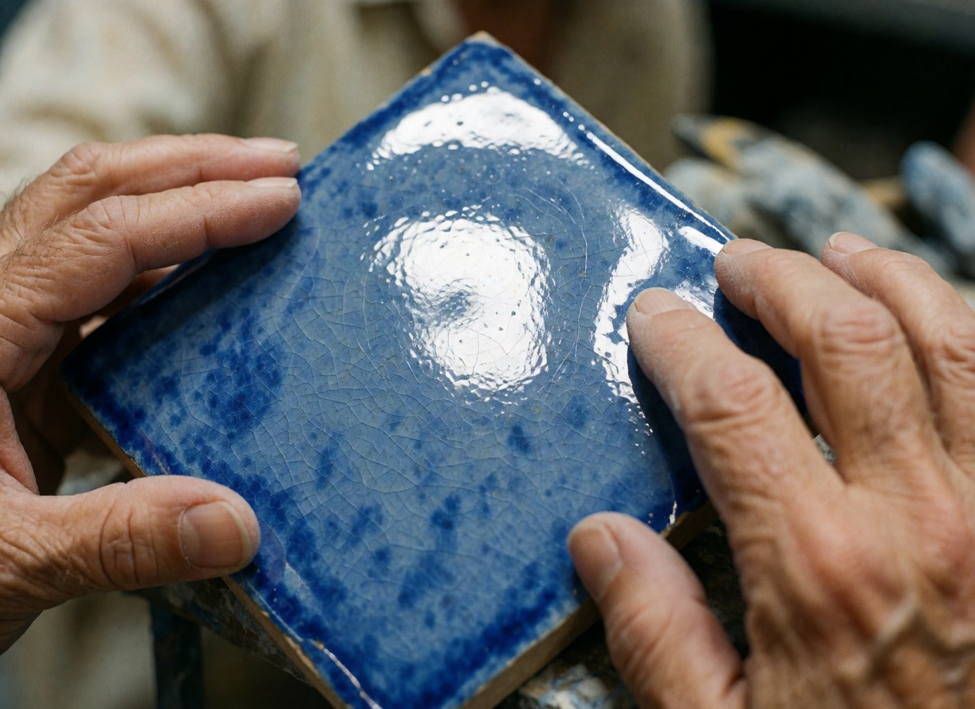 Des mains d'artisan polissent un carreau bleu présentant des fissures visibles, la lumière mettant en valeur le fini brillant et la texture du matériau céramique.