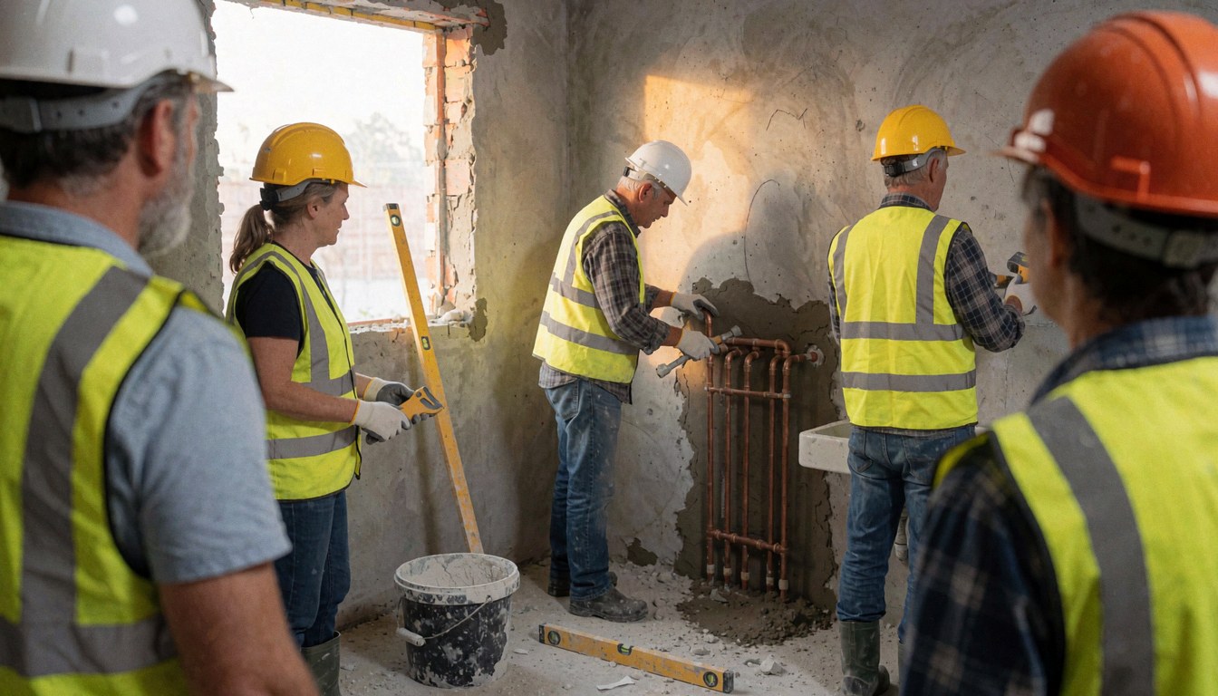 Équipe de construction avec casques et gilets jaunes travaillant dans une pièce avec des tuyaux de cuivre exposés et des murs en ciment.