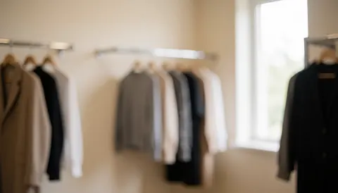 Arrière-plan de cabine d'essayage avec des cintres à vêtements, des murs beiges et une lumière naturelle, idéal pour ajouter du texte sur les services de photographie de portraits.