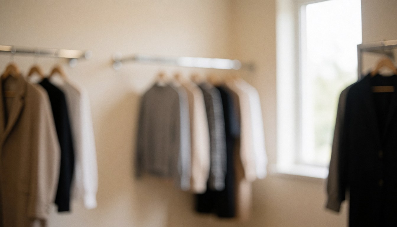 Arrière-plan de cabine d'essayage avec des cintres à vêtements, des murs beiges et une lumière naturelle, idéal pour ajouter du texte sur les services de photographie de portraits.