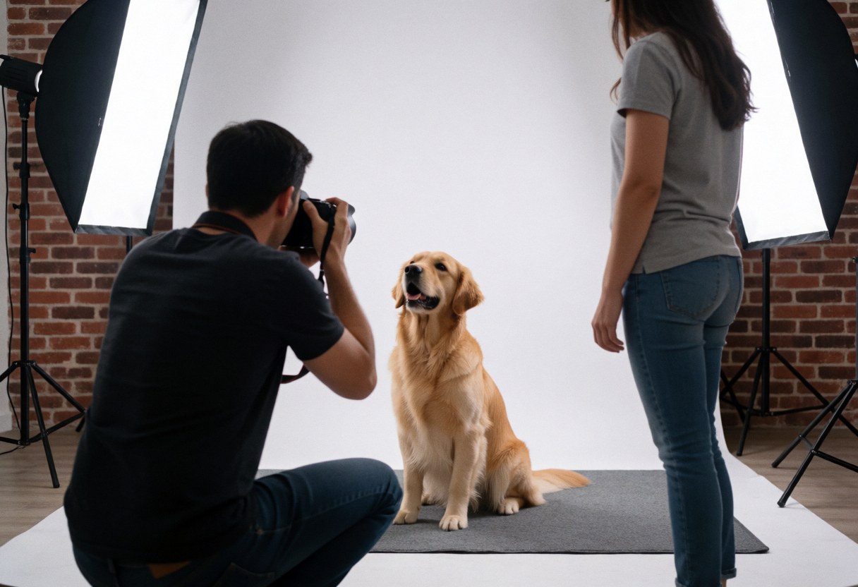 Un photographe professionnel capture l'image d'un golden retriever assis sur une moquette grise devant un fond blanc, éclairé par des lumières de studio tandis qu'une femme observe la scène.