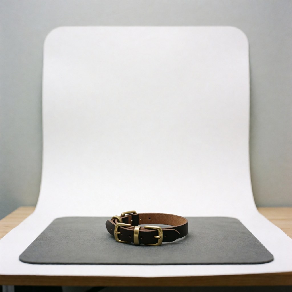 Collier en cuir marron doté de charnières en bronze, posé sur une surface grise devant un fond blanc courbe, éclairage doux et professionnel.