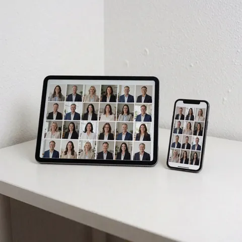 Une tablette et un téléphone portable posés sur une table blanche montrent une galerie de portraits professionnels, idéal pour les photographes.