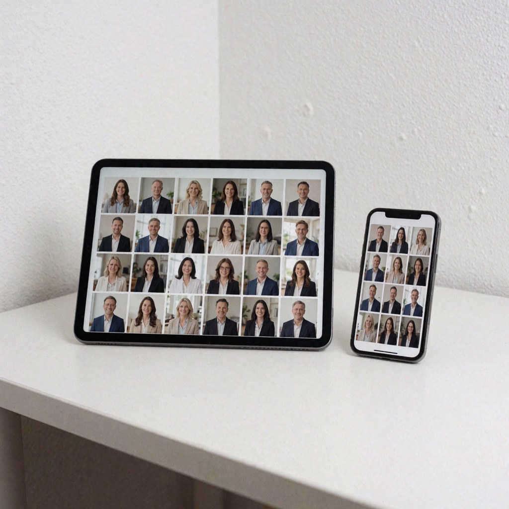 Une tablette et un téléphone portable posés sur une table blanche montrent une galerie de portraits professionnels, idéal pour les photographes.