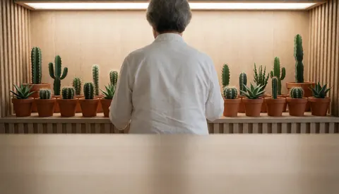 Vue arrière d'une personne sélectionnant un cactus dans une fleuristerie aux murs en bois avec des plantes en pots de terre cuite.