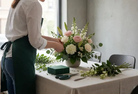 Un fleuriste professionnel assemble un bouquet symétrique sur une table blanche, utilisant des ciseaux et de la mousse florale, dans un intérieur lumineux avec un mur en béton.
