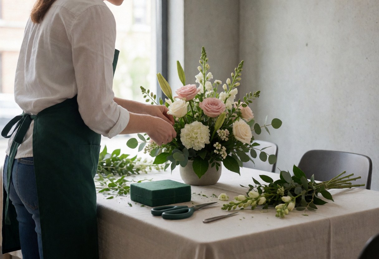Un fleuriste professionnel assemble un bouquet symétrique sur une table blanche, utilisant des ciseaux et de la mousse florale, dans un intérieur lumineux avec un mur en béton.